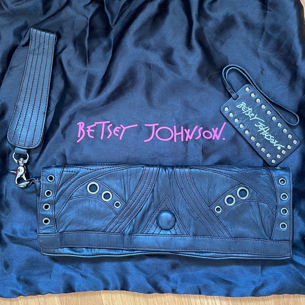 Vintage Betsey Johnson black leather clutch purse